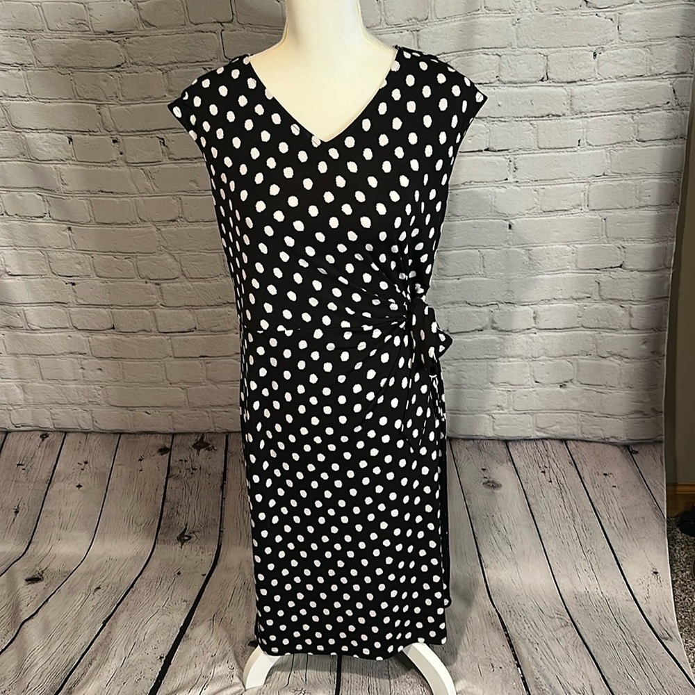 Talbots Black White Polka Dot Faux Wrap Dress